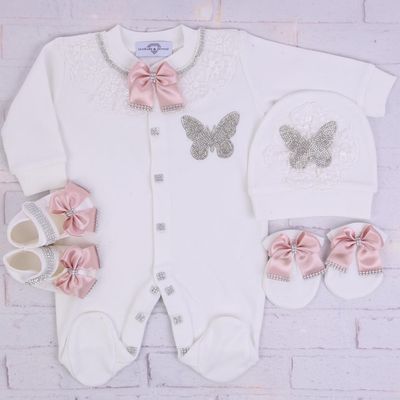 Exclusive Royal 4 Piece Baby Hospital Exit Bling Outfit  (Blush Pink Bow , Silver Butterfly)