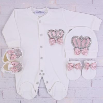 Exclusive Royal 4 Piece Baby Hospital Exit Bling Outfit (Blush Pink Bow , Silver Crown) Exclusive Royal 4 Piece Baby Hospital Exit Bling Outfit (Blush Pink Bow , Silver Crown)
