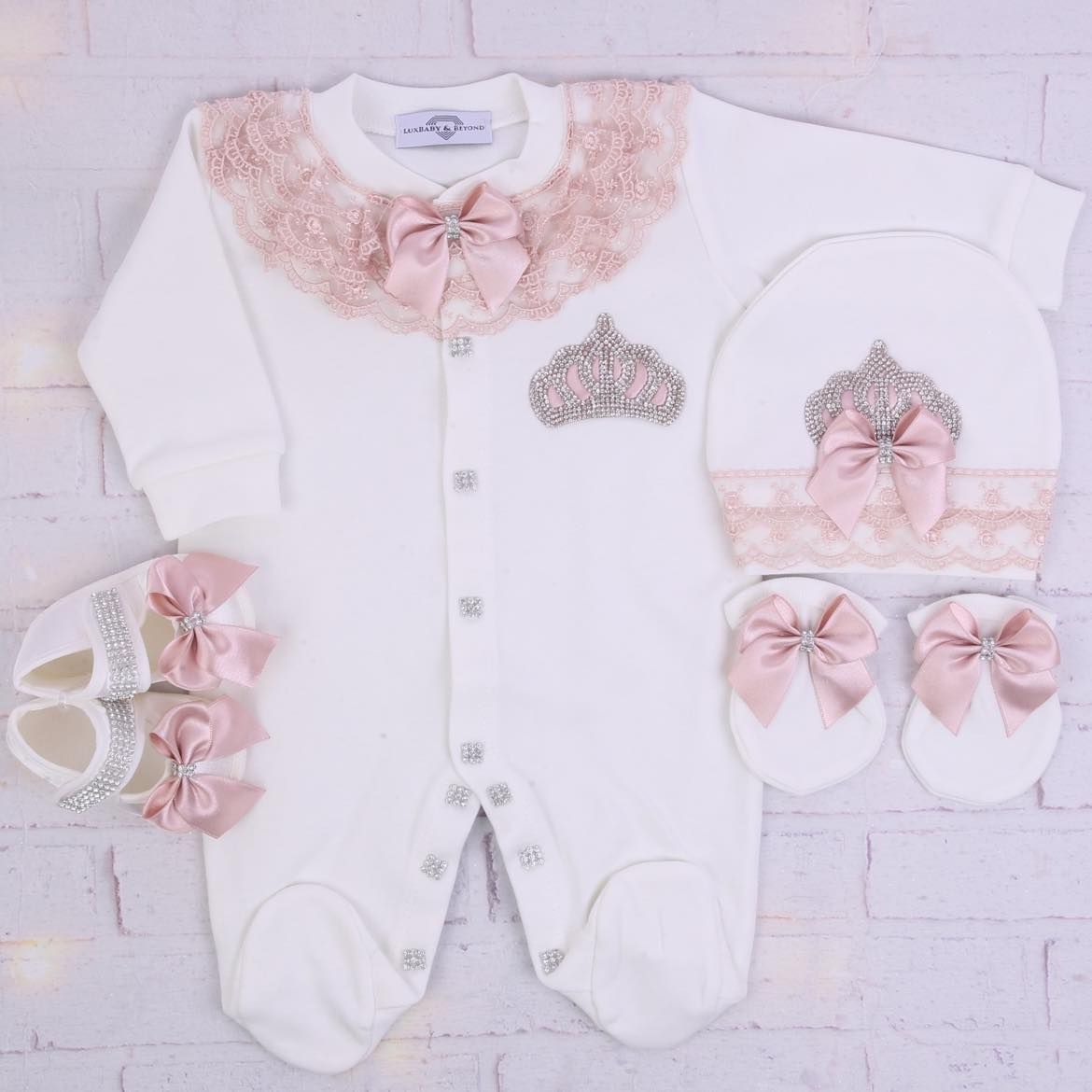Exclusive Royal 4 Piece Baby Hospital Exit Bling Outfit  (Blush Pink lace , Silver Crown)