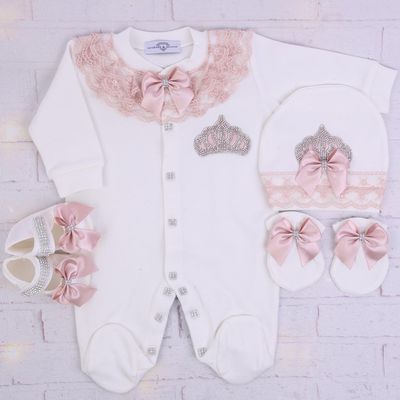 Exclusive Royal 4 Piece Baby Hospital Exit Bling Outfit  (Blush Pink lace , Silver Crown)