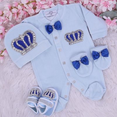 Exclusive Royal 4 Piece Baby Hospital Exit Bling Outfit  (Royal blue bow Silver Crown)