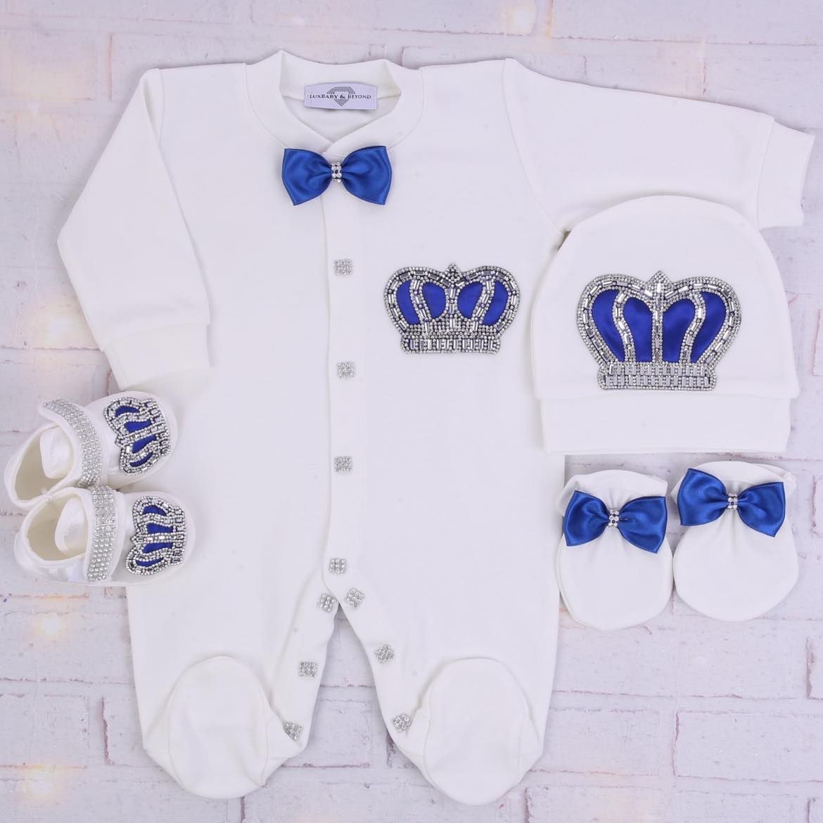 Exclusive Royal 4 Piece Baby Hospital Exit Bling Outfit  (Royal blue bow, Silver Crown)