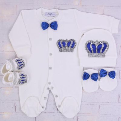 Exclusive Royal 4 Piece Baby Hospital Exit Bling Outfit  (Royal blue bow, Silver Crown)