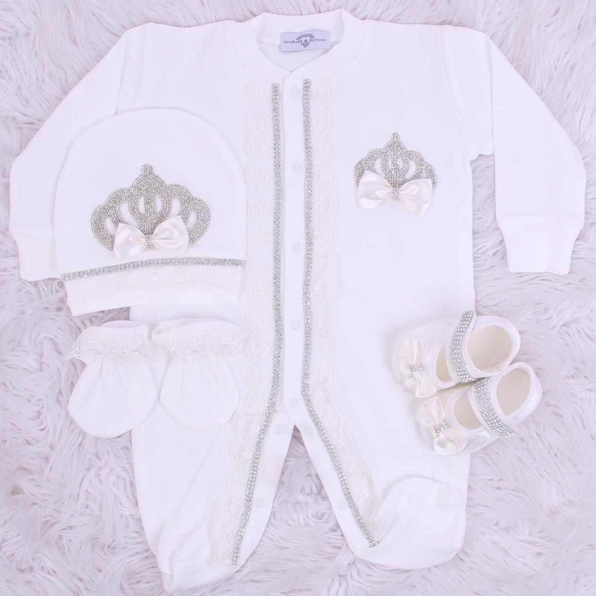 Exclusive Royal 4 Piece Baby Hospital Exit Bling Outfit  (White bow, Silver Crown)