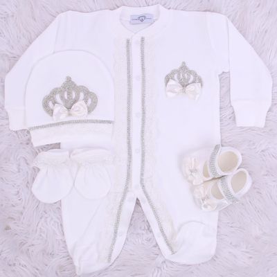 Exclusive Royal 4 Piece Baby Hospital Exit Bling Outfit  (White bow, Silver Crown)