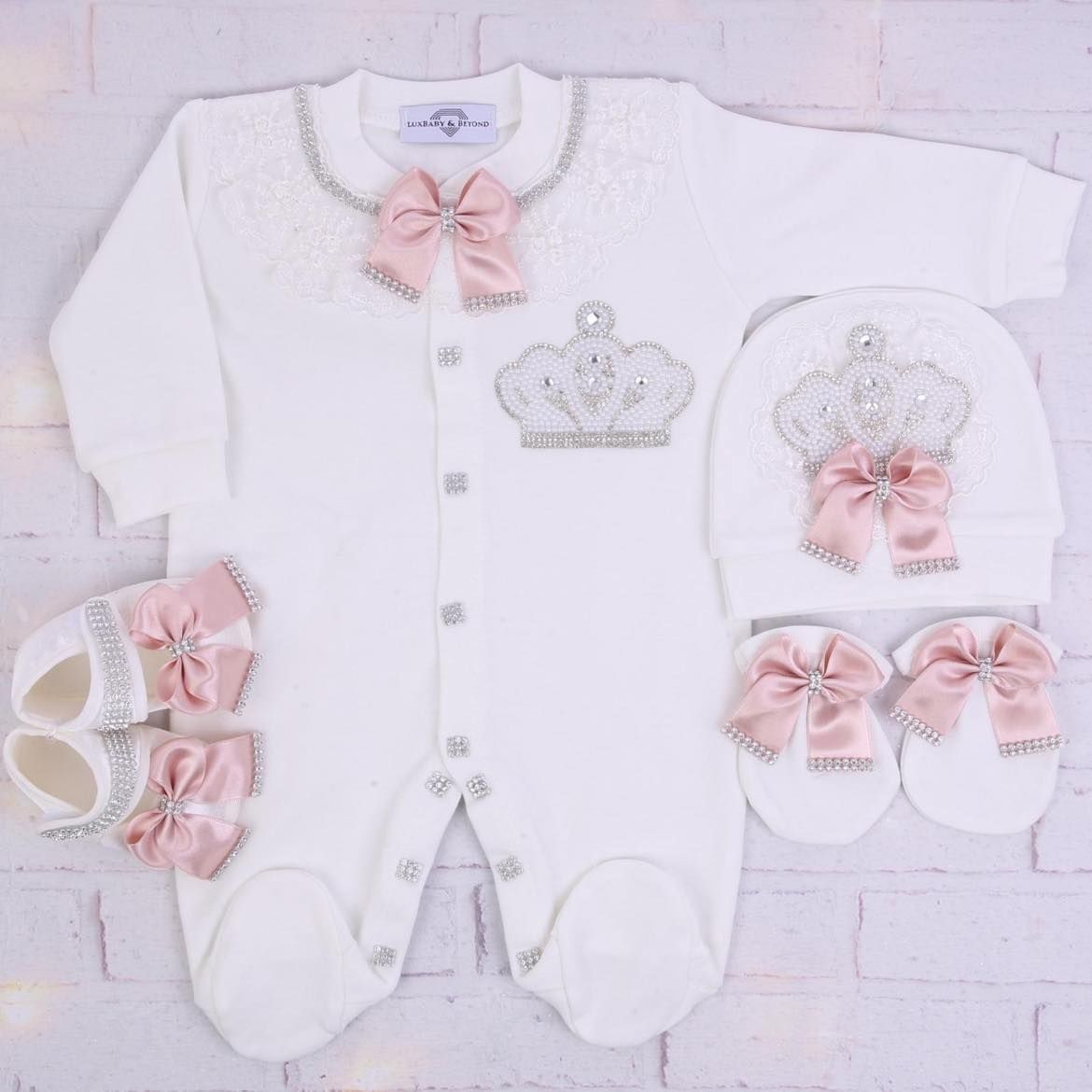 Exclusive Royal 4 Piece Baby Hospital Exit Bling Outfit  (Blush Bow, Pearl Crown)