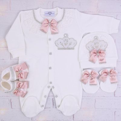 Exclusive Royal 4 Piece Baby Hospital Exit Bling Outfit  (Blush Bow, Pearl Crown)