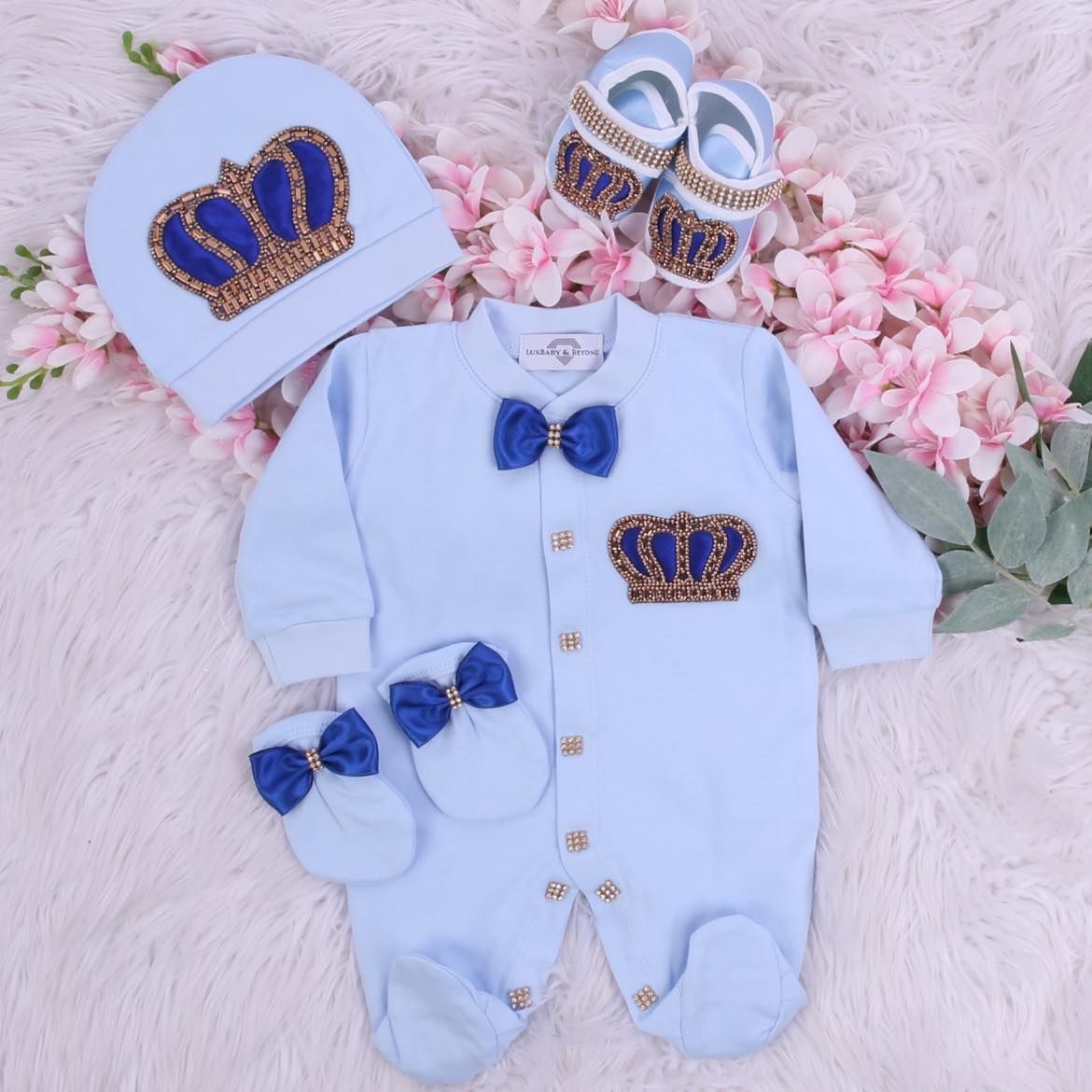 Exclusive Royal 4 Piece Baby Hospital Exit Bling Outfit  (Royal blue bow Golden Crown)