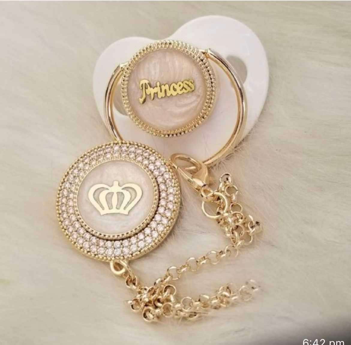 Handmade Personalised Rhinestone Baby Pacifier and clip (White)