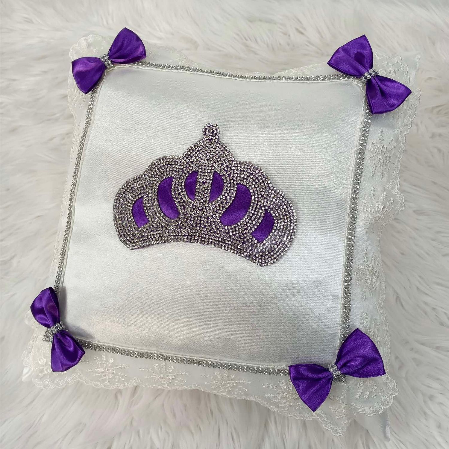 Luxury white Satin Pillow Case  ( Purple &amp; Silver Crown )