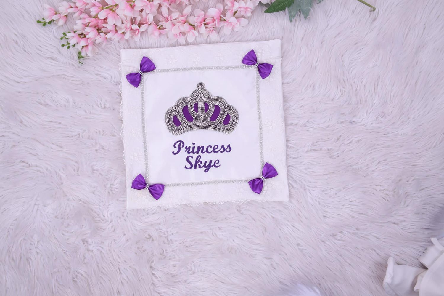 Luxury white Satin Pillow Case  ( Purple &amp; Silver Crown )