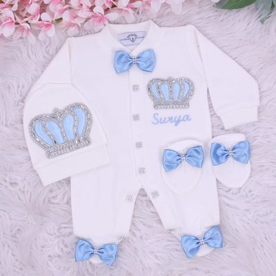 Exclusive Royal 3Piece Baby Hospital Exit Bling Outfit  ( Light Blue bow, silver crown)