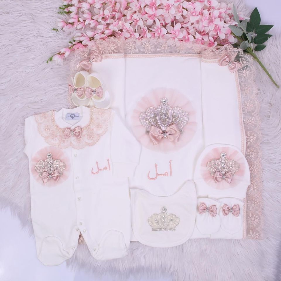 Handmade luxury newborn Home Welcoming 5-Piece set ( blush pink lace with pearl crown)