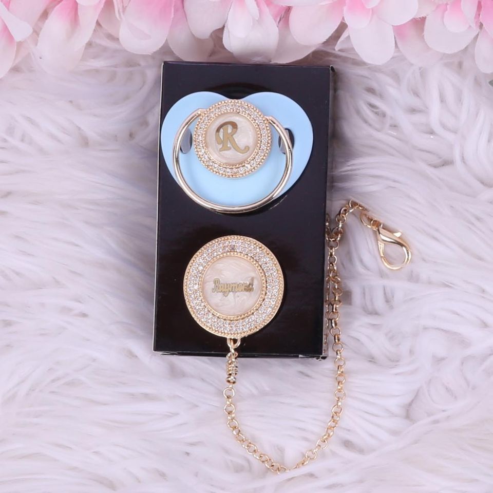 Handmade Personalised Rhinestone Baby Pacifier and clip (Light Blue)