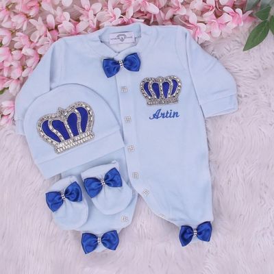 Exclusive Royal 3Piece Baby boy Hospital Exit Bling Outfit  (Blue/ Royal Blue/ Silver Crown)