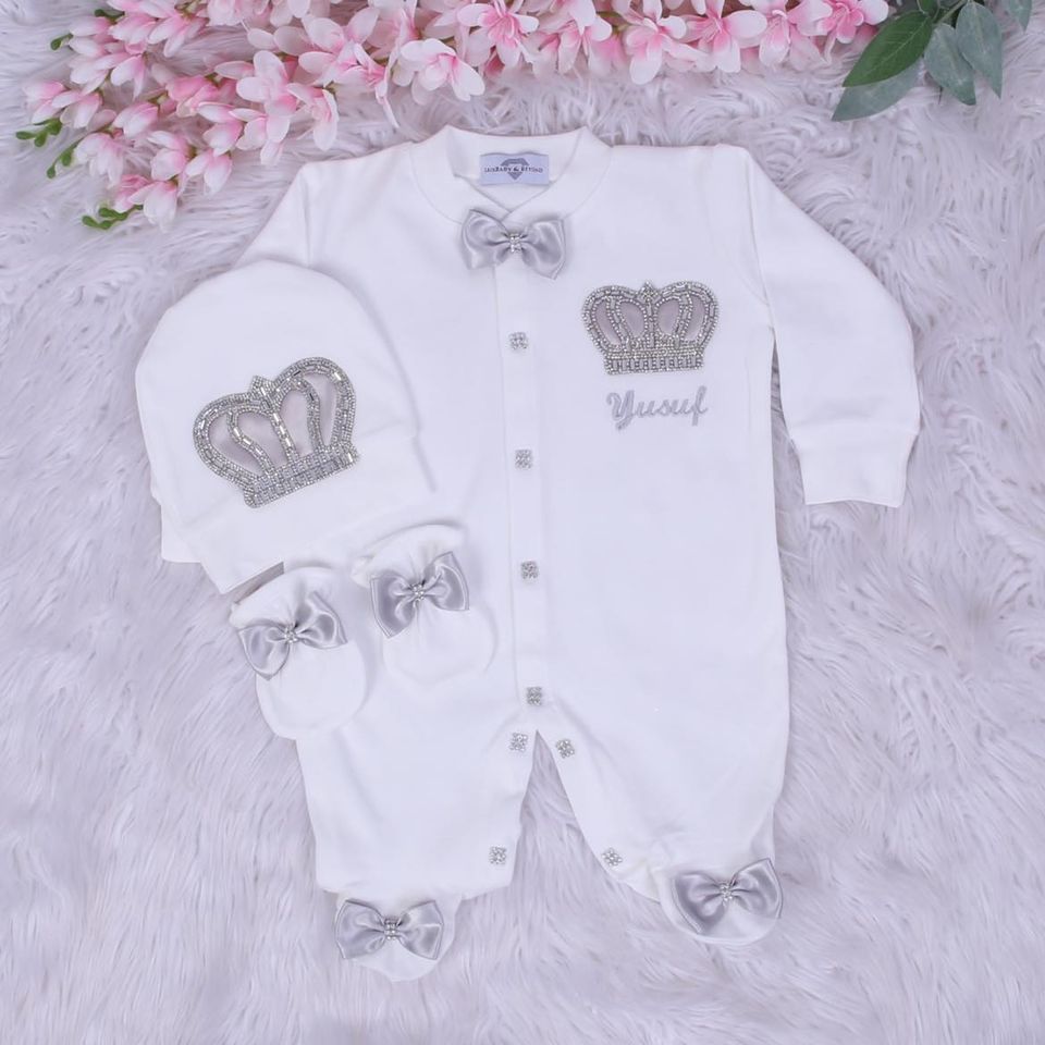 Exclusive Royal 3Piece Baby boy Hospital Exit Bling Outfit  (Grey satin bow / Silver Crown)