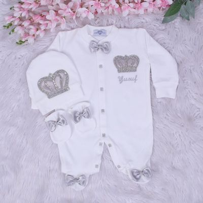 Exclusive Royal 3Piece Baby boy Hospital Exit Bling Outfit  (Grey satin bow / Silver Crown)