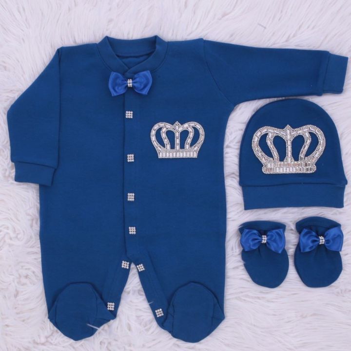 Exclusive Royal 3Piece Baby boy Hospital Exit Bling Outfit  (Dark blue / Silver crown)
