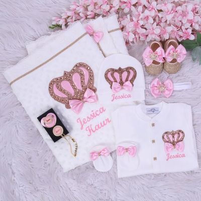Handmade 𝗟𝘂𝘅𝘂𝗿𝘆 𝗡𝗲𝘄𝗯𝗼𝗿𝗻 Home Welcoming 7-Piece set (White, Pink, golden crown)