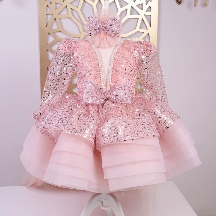Luxurious Peachy Pink ALANA dress with tail, headband