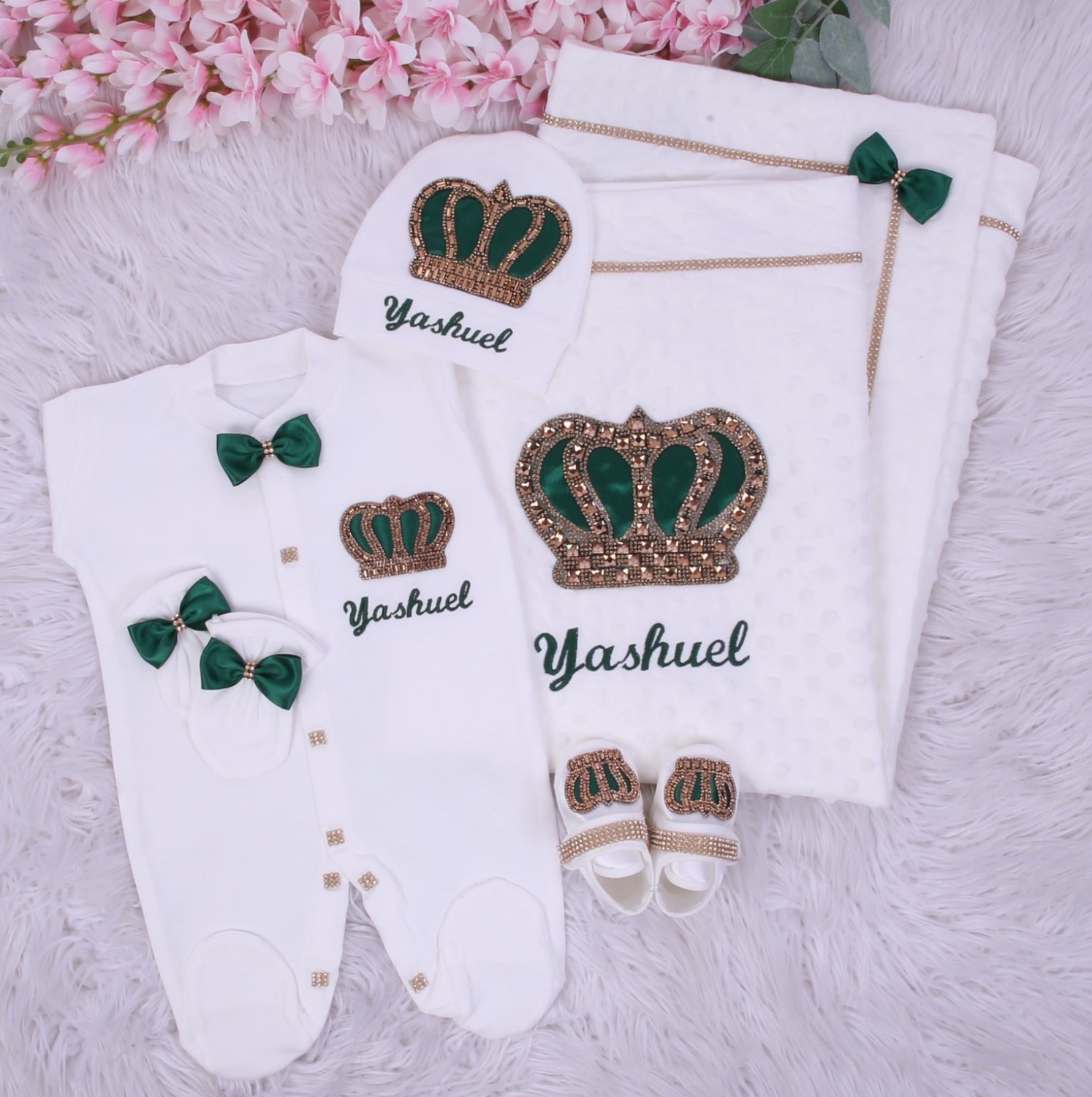 Handmade luxury Newborn Home Welcoming 5-Piece set ( Green Bow, golden crown)