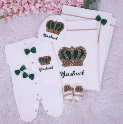 Handmade luxury Newborn Home Welcoming 5-Piece set ( Green Bow, golden crown)