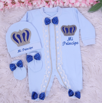 Exclusive Royal 3Piece Baby boy Hospital Exit Bling Outfit  (Blue/ Royal Blue/Golden Crown)