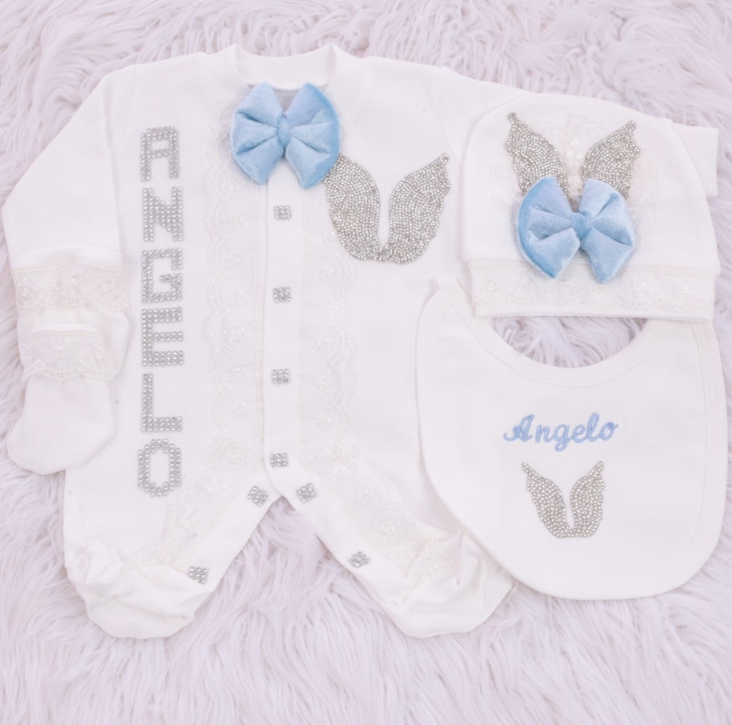 Exclusive Royal 4 Piece Baby boy Hospital Exit Bling Bliss Angel wing  Outfit