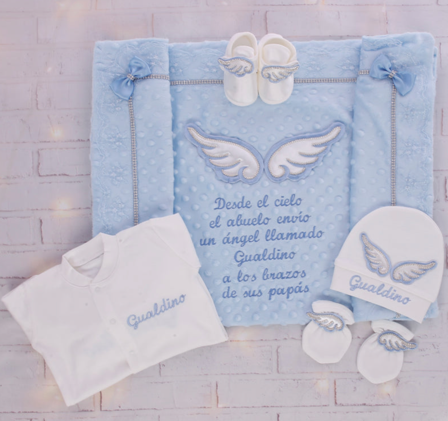 Handmade luxury Newborn Home Welcoming 5-Piece set ( Baby Bow, Silver Angel Wings )