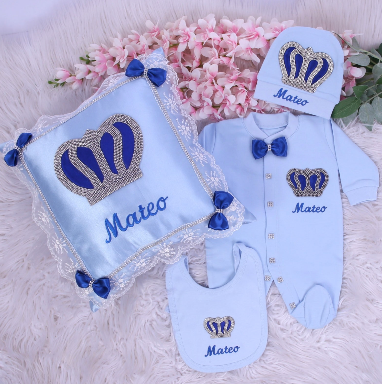 Handmade luxury Newborn Home Welcoming 4-Piece set ( Royal Blue Bow , Silver crown)