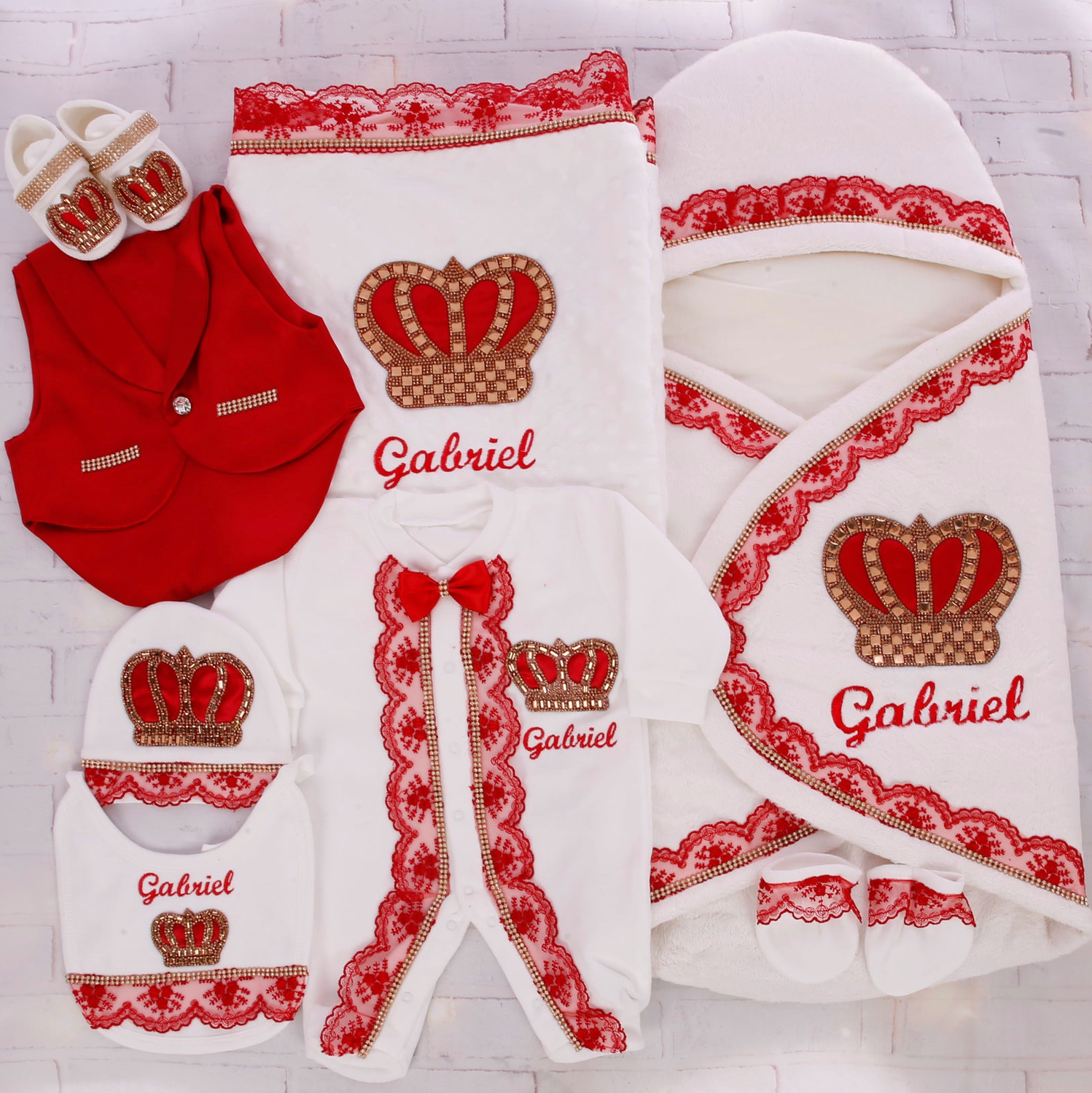 Luxury 8-Piece Baby boy Hospital Exit Outfit ( Red bow + Golden Crown)