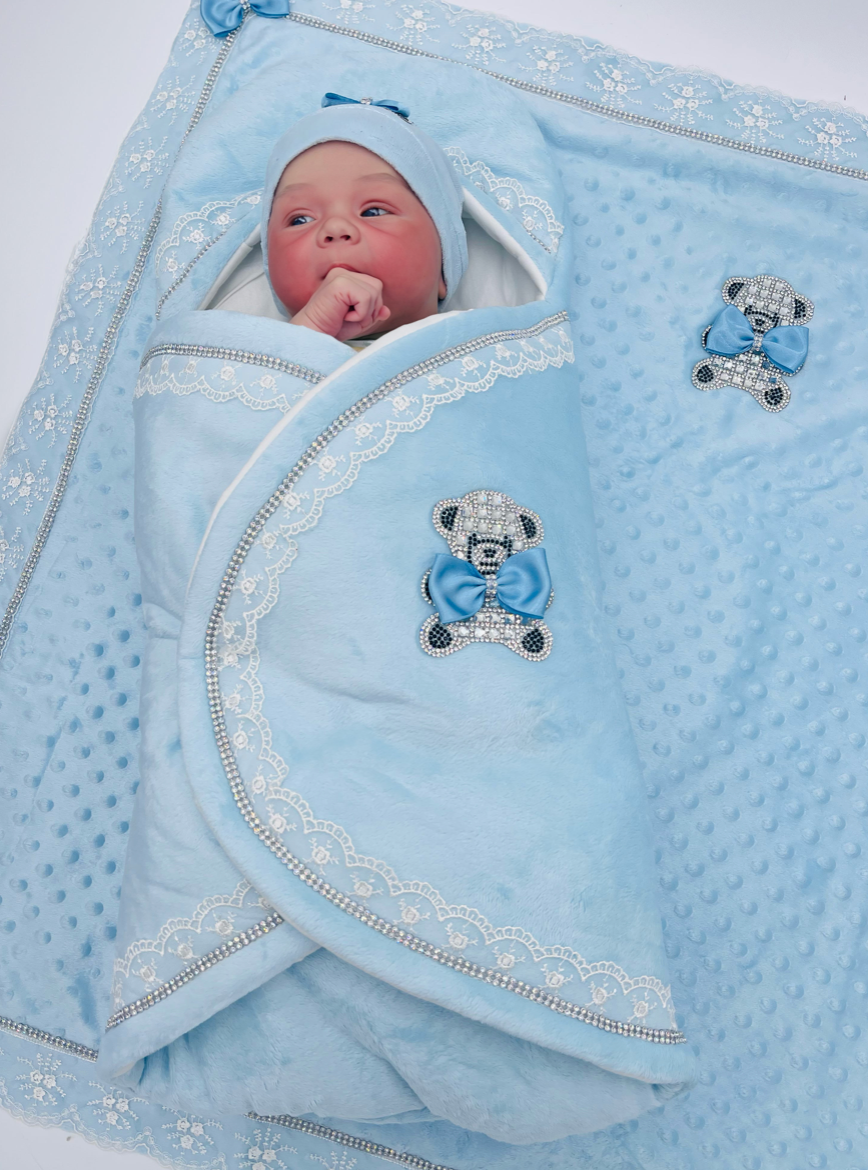 Jewelled Crown Swaddle ( Light Blue + Silver Bear)