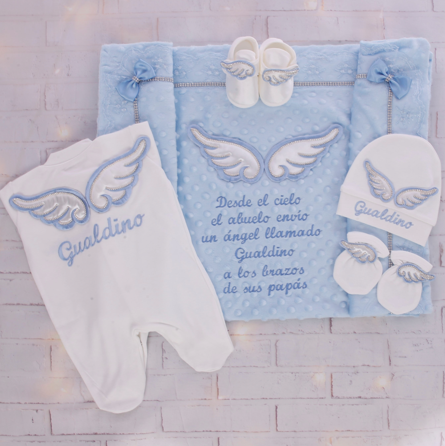 Handmade luxury Newborn Home Welcoming 5-Piece set ( Baby Bow, Silver Angel Wings )