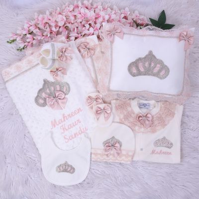 Luxury 7-Piece Baby girl Hospital Exit Outfit ( peach lace, bow + silver Crown)