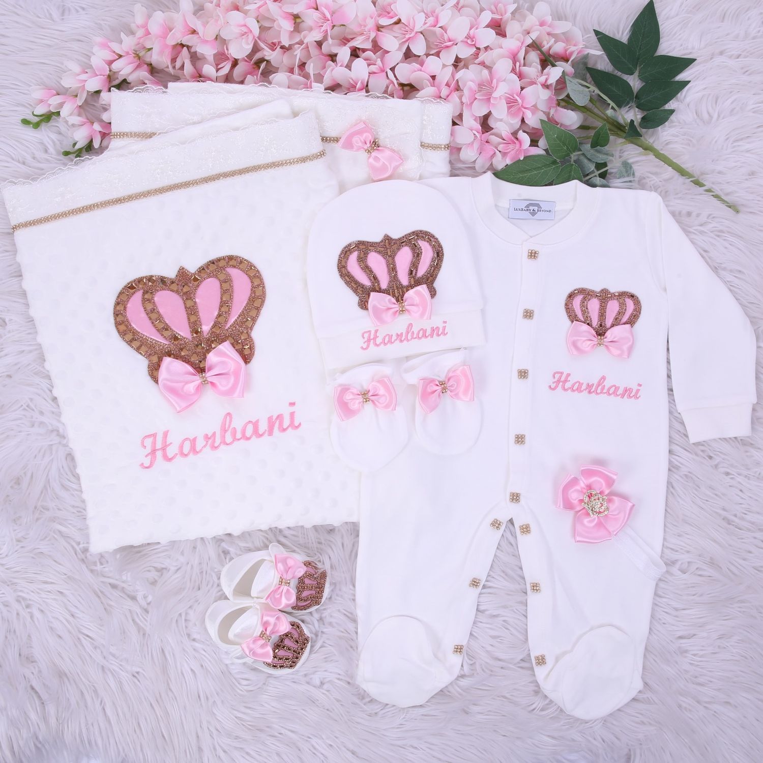 Exclusive Royal 6 piece Baby Hospital Exit Bling Outfit  (Satin Pink bow /  golden crown)