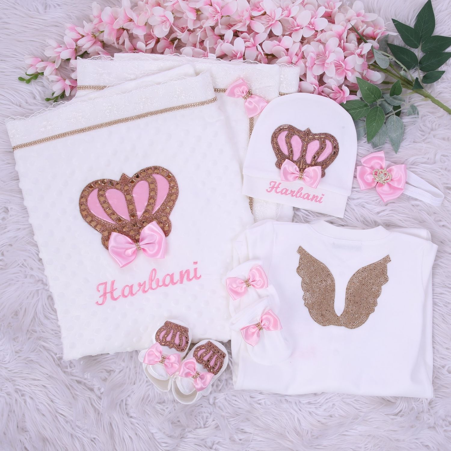 Exclusive Royal 6 piece Baby Hospital Exit Bling Outfit  (Satin Pink bow /  golden crown)