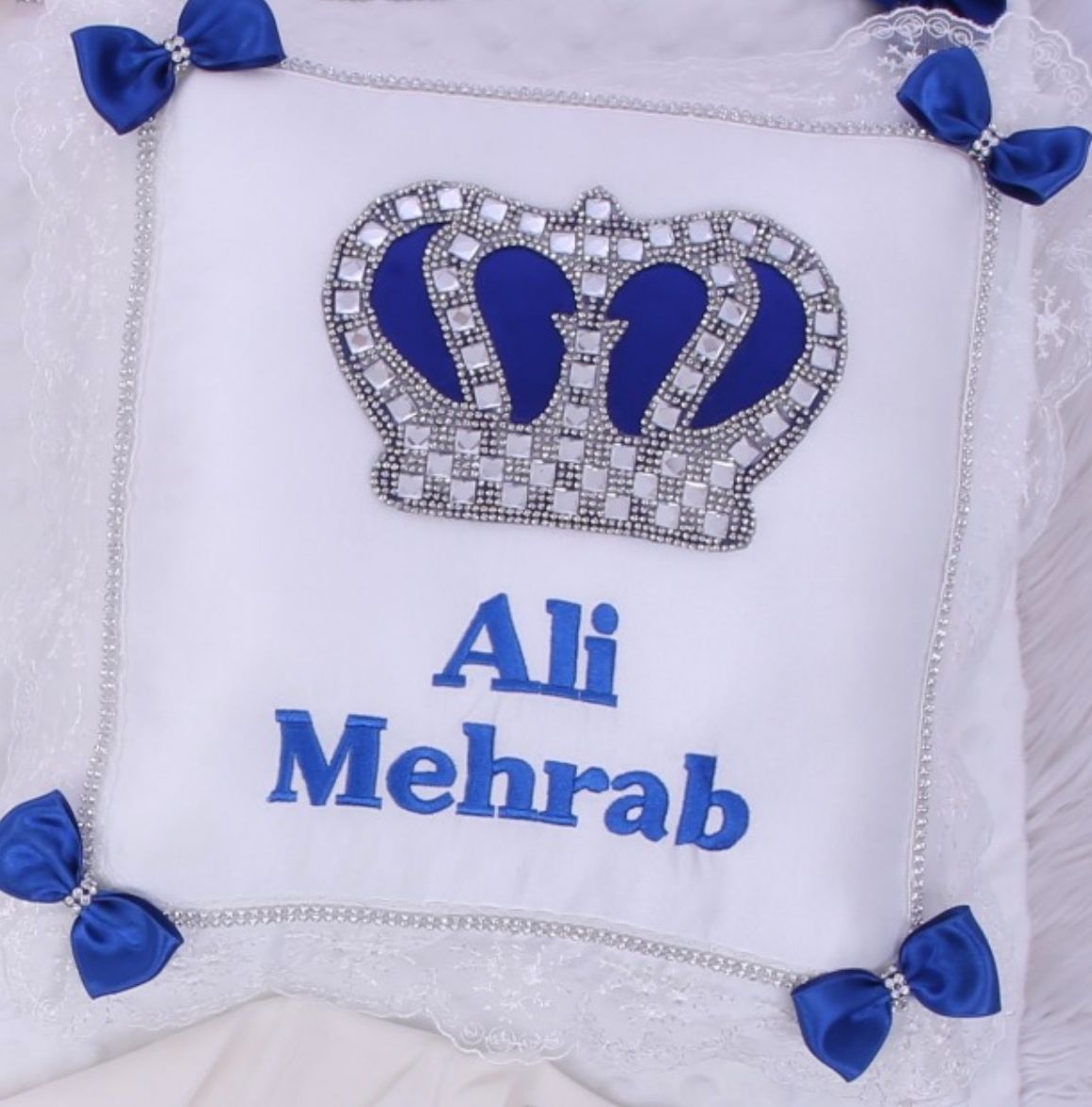 Luxury white Satin Pillow Case   ( Royal blue crown &amp; Silver Crown )