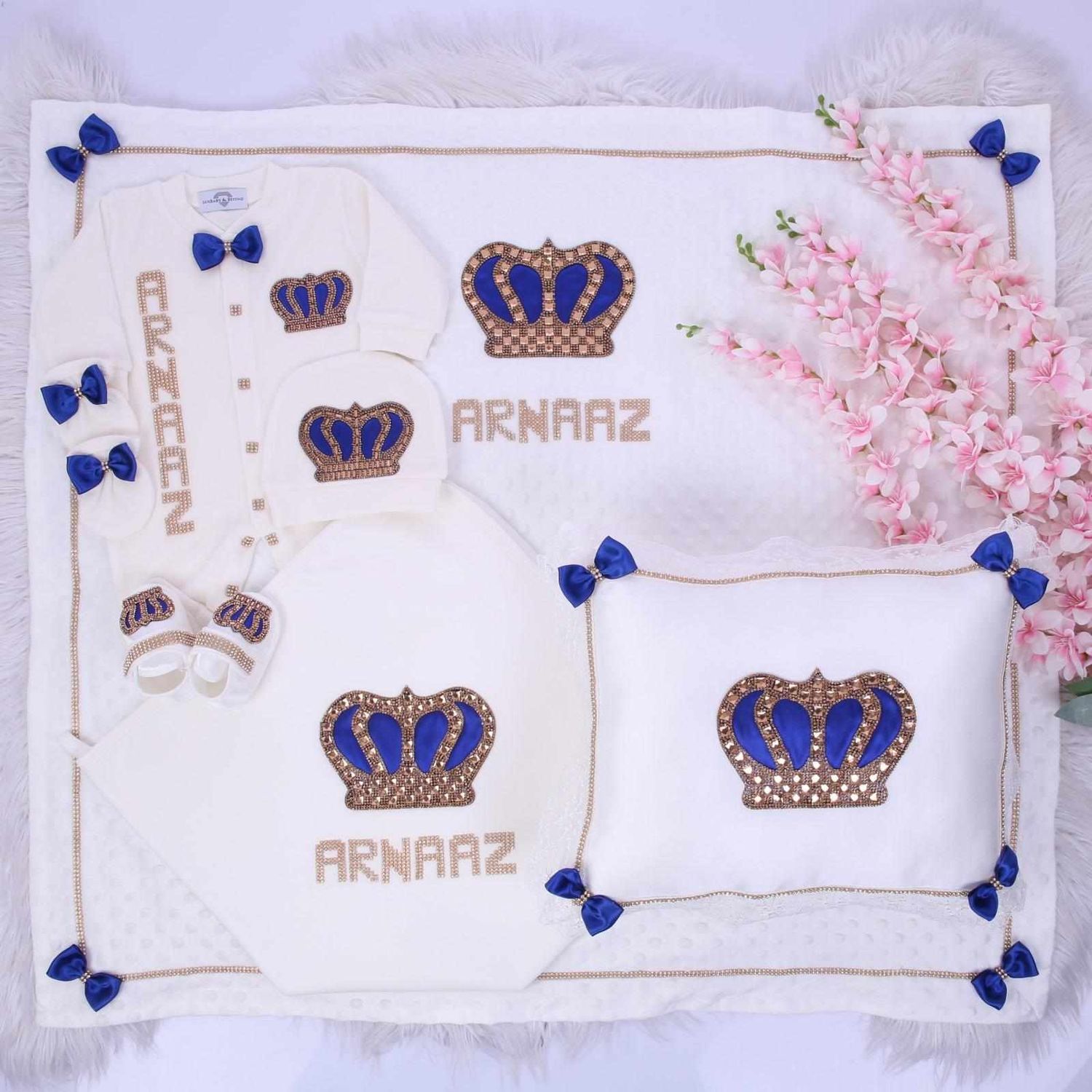 Luxury 7-Piece Baby boy Hospital Exit Outfit ( Royal blue bow + Golden Crown)