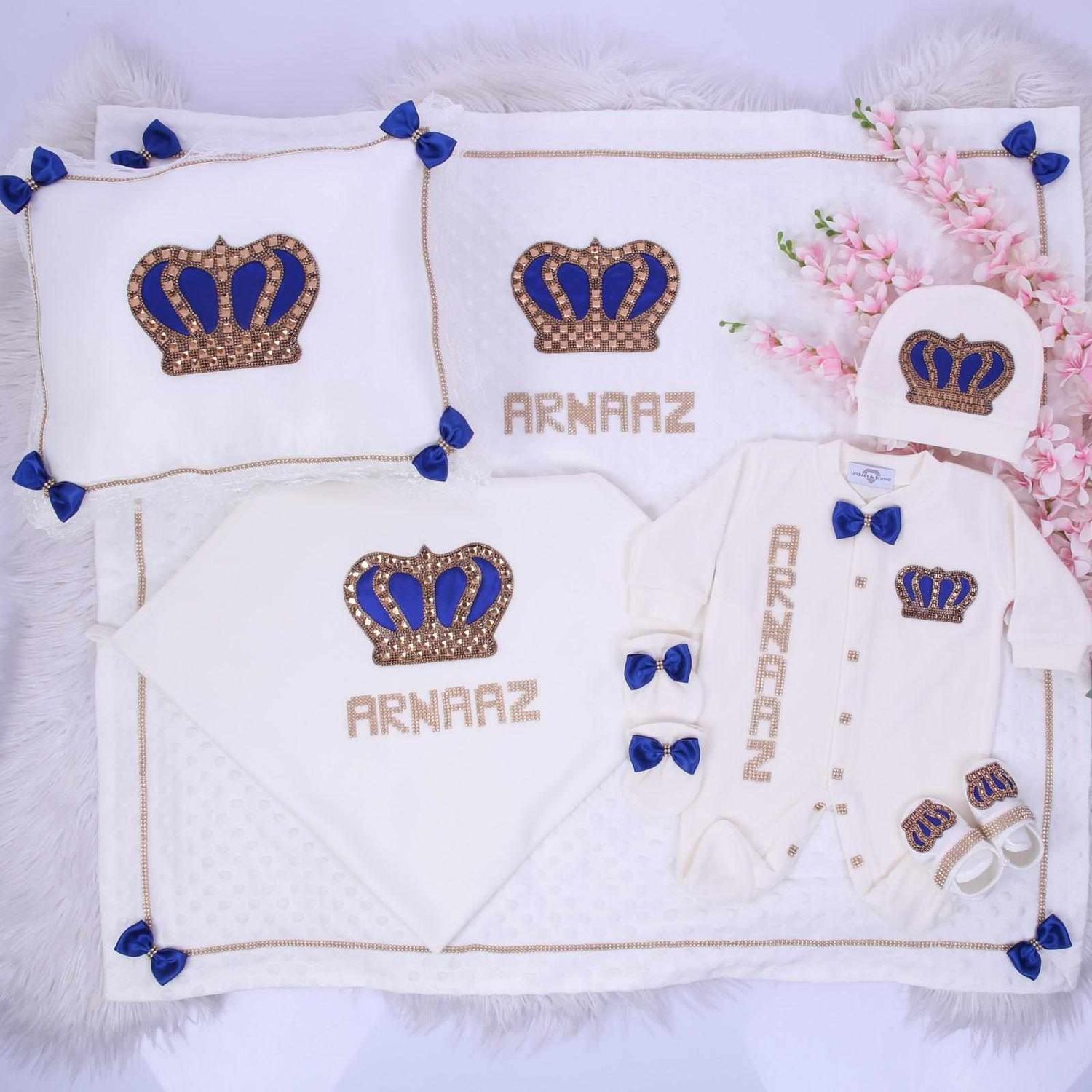 Luxury 7-Piece Baby boy Hospital Exit Outfit ( Royal blue bow + Golden Crown)