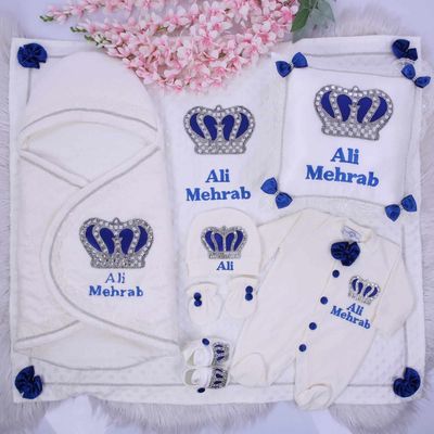 Luxury 7-Piece Baby boy Hospital Exit Outfit ( Royal blue bow + Silver Crown)