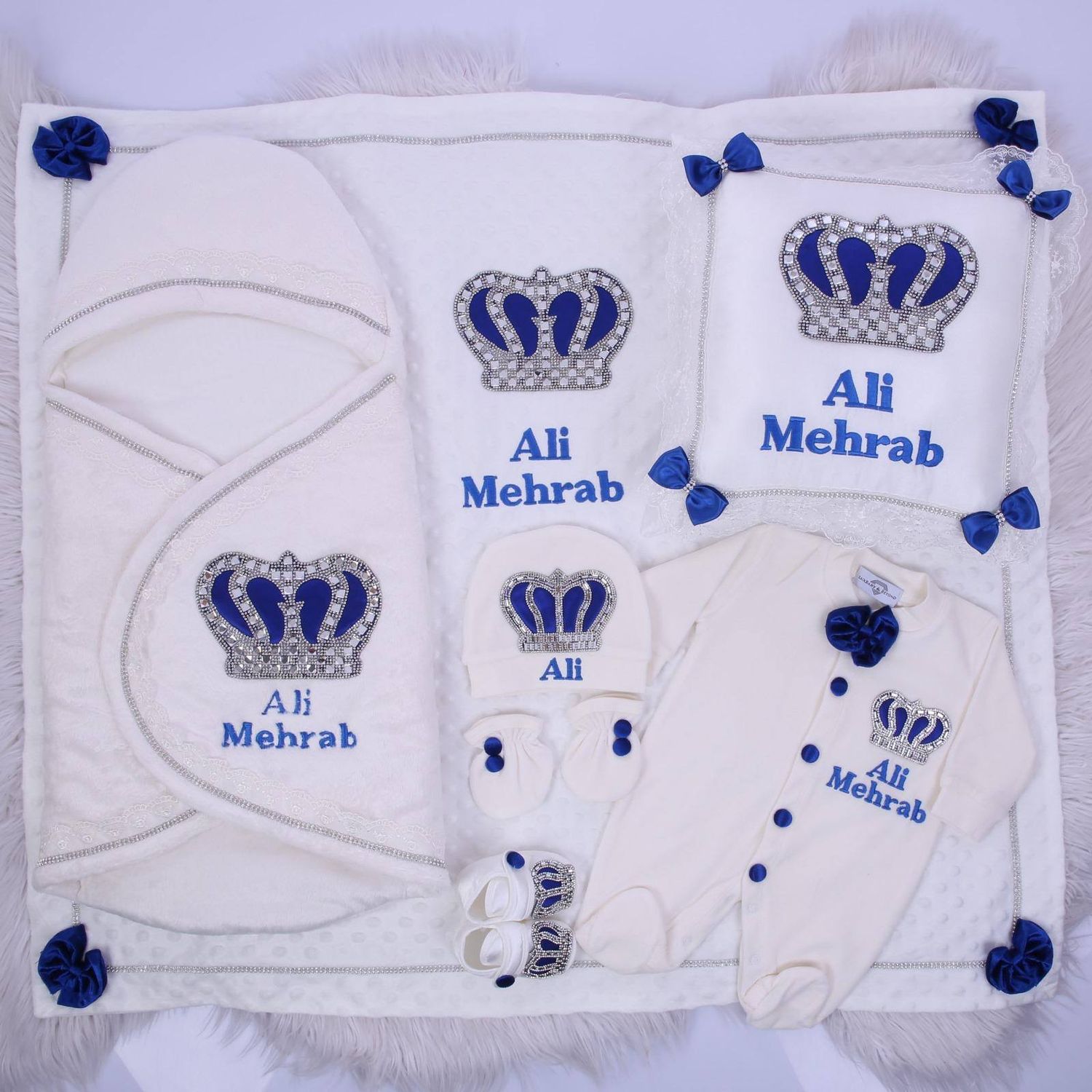 Luxury 7-Piece Baby boy Hospital Exit Outfit ( Royal blue bow + Silver Crown)