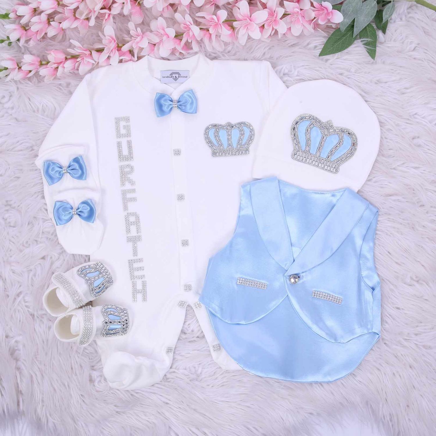 Luxury handmade 5-piece baby boy hospital exit satin vest outfit set