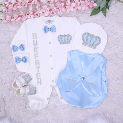 Luxury handmade 5-piece baby boy hospital exit satin vest outfit set