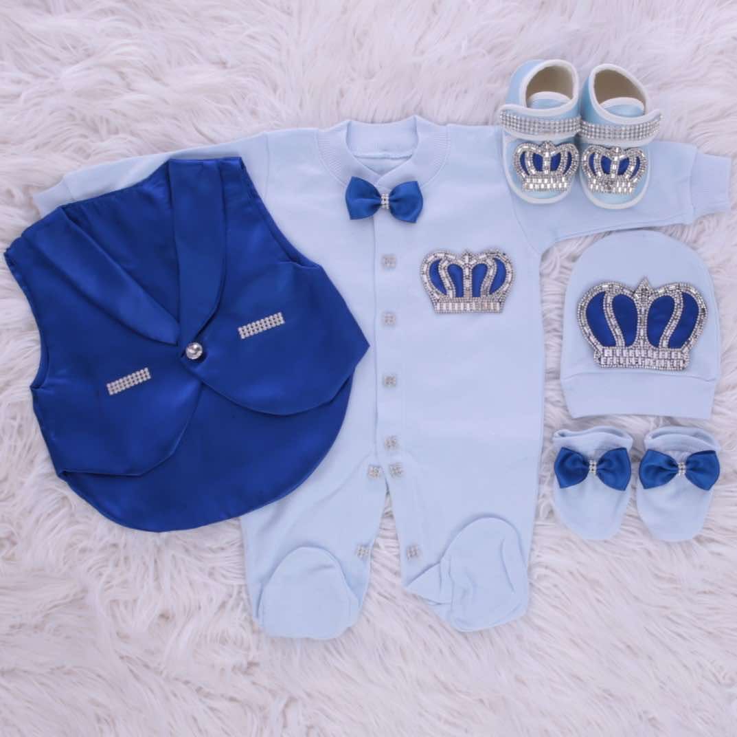 Luxury handmade 5-piece baby boy hospital exit satin vest outfit set ( Navy blue vest, silver crown)