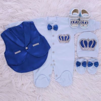 Luxury handmade 5-piece baby boy hospital exit satin vest outfit set ( Navy blue vest, silver crown)