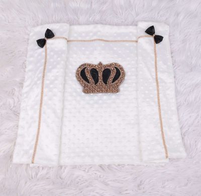 White Soft Velvet Receiving Blanket (Black Bow &amp; Golden crown)