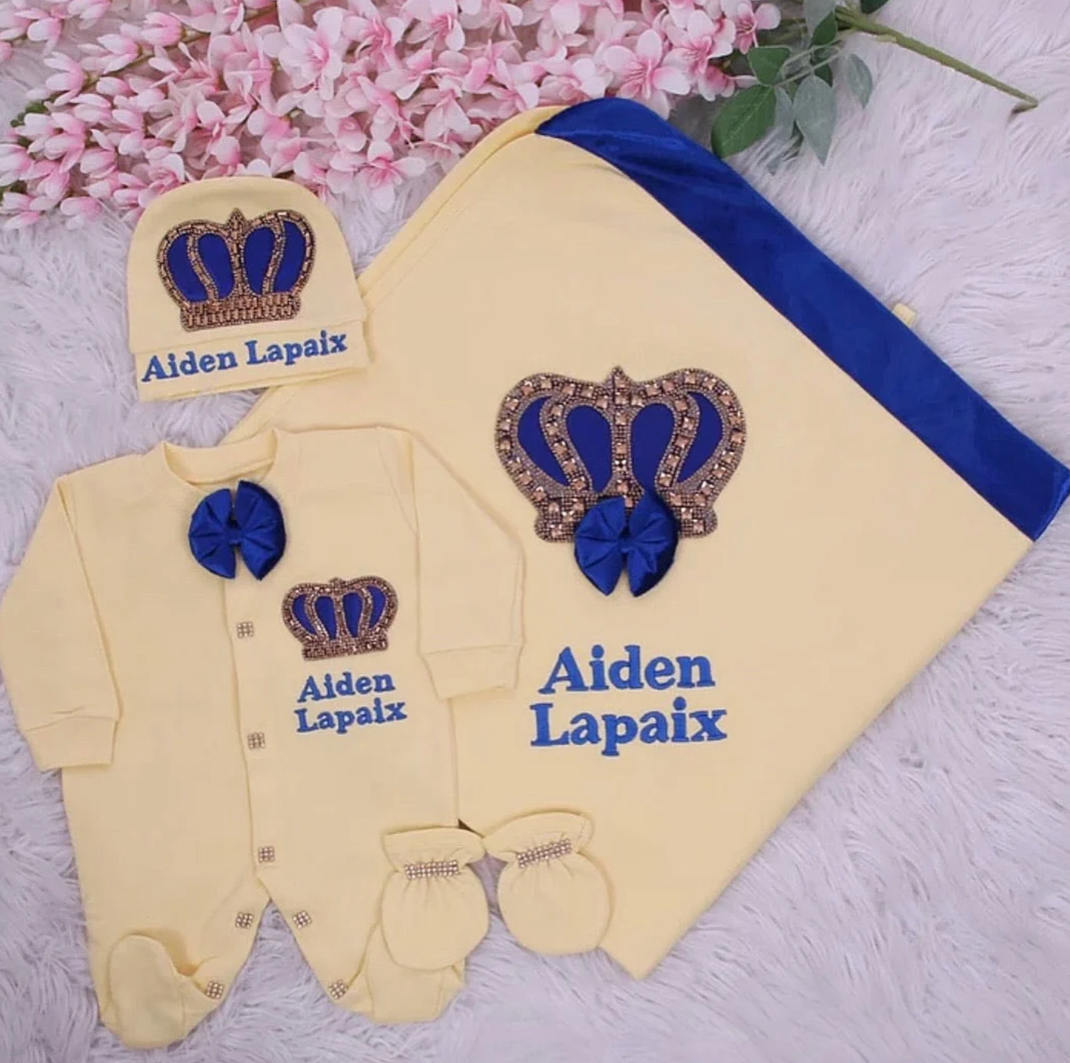 Luxury 4-Piece Hospital Exit Outfit (Yellow, Navy blue bow + Golden Crown)