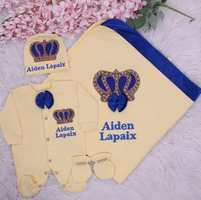 Luxury 4-Piece Hospital Exit Outfit (Yellow, Navy blue bow + Golden Crown)