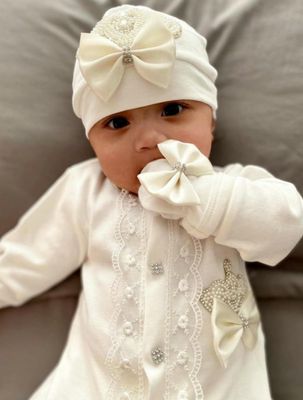 Exclusive Royal 3Piece Baby Hospital Exit Bling Outfit  (White Satin bow, Pearl crown)
