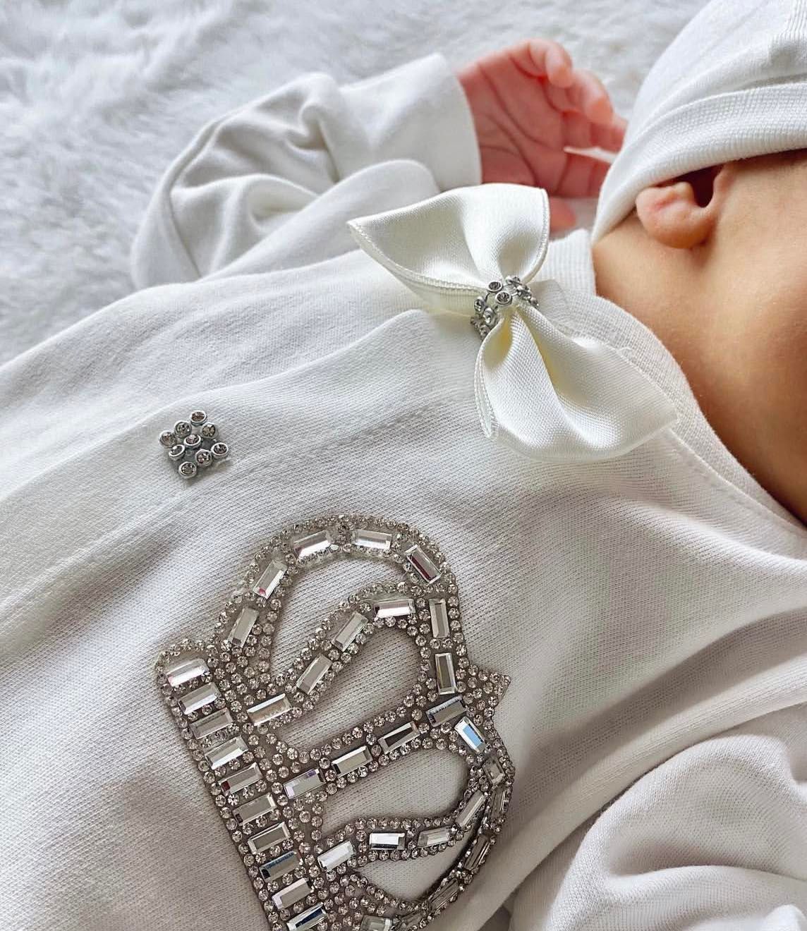 Exclusive Royal 3Piece Baby Hospital Exit Bling Outfit  (White Satin bow, silver crown)